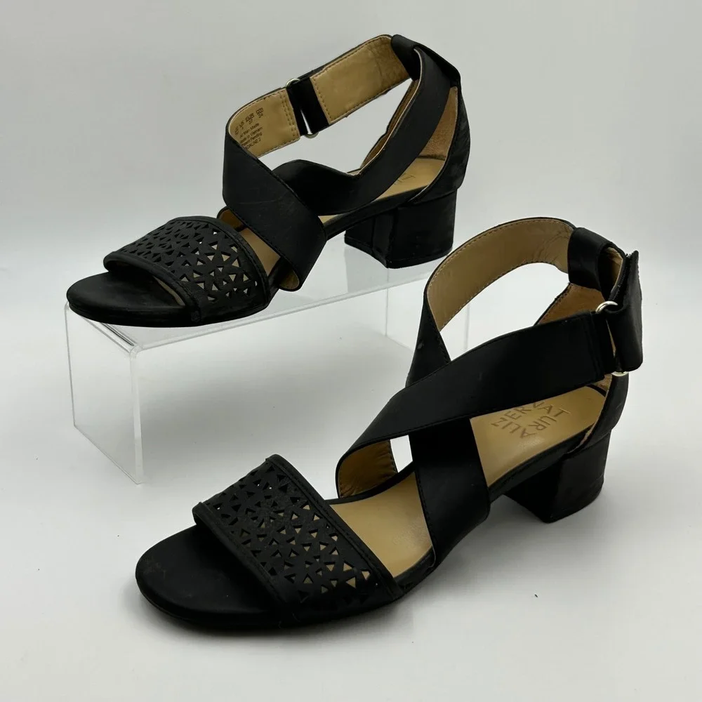 Naturalizer Adaline 2 Sandals Women 7M Black Laser Cut Block Heel Strappy Chic